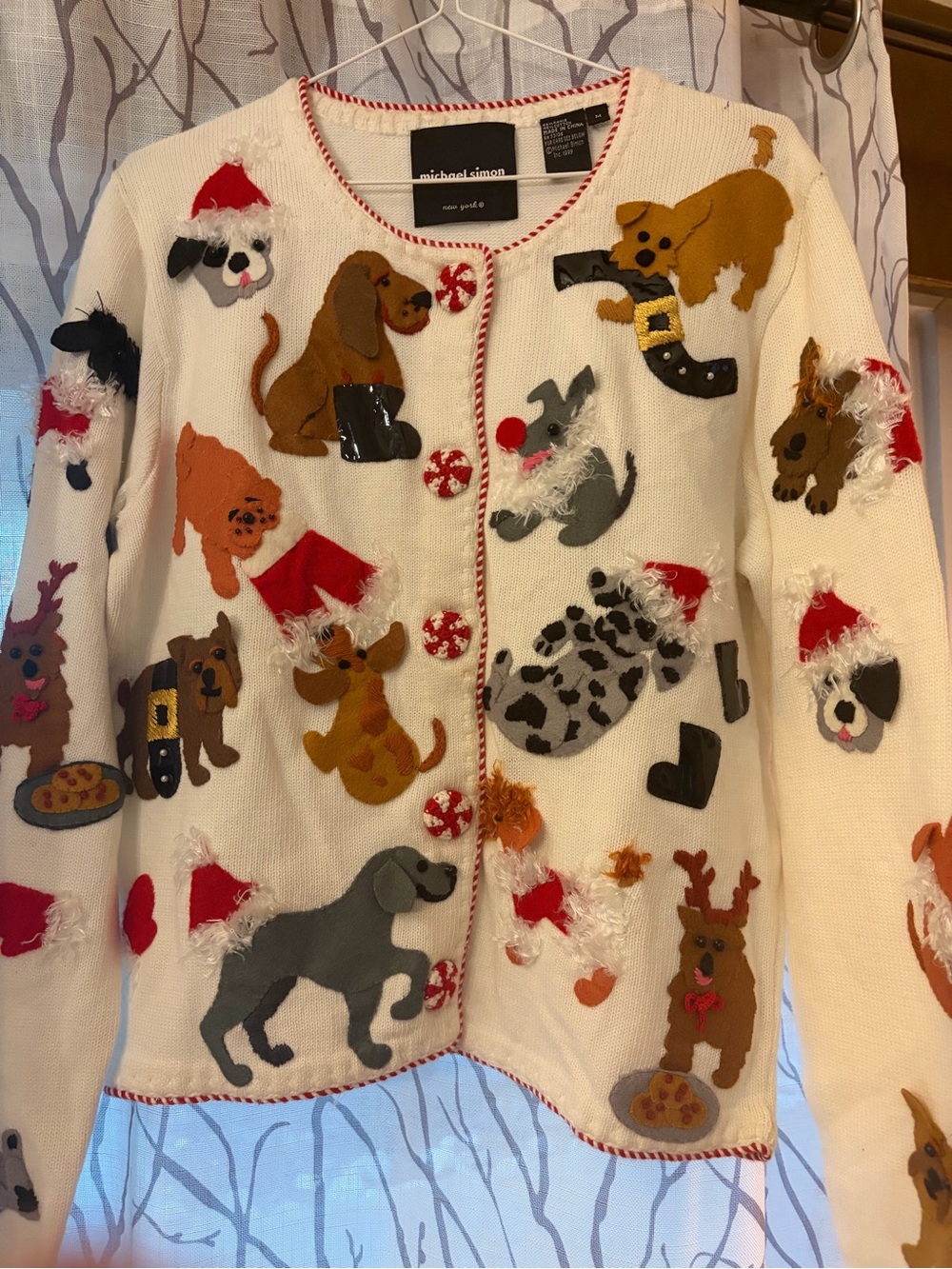 Michael Simon White Holiday Dog Appliqué Cardigan with Red Trim